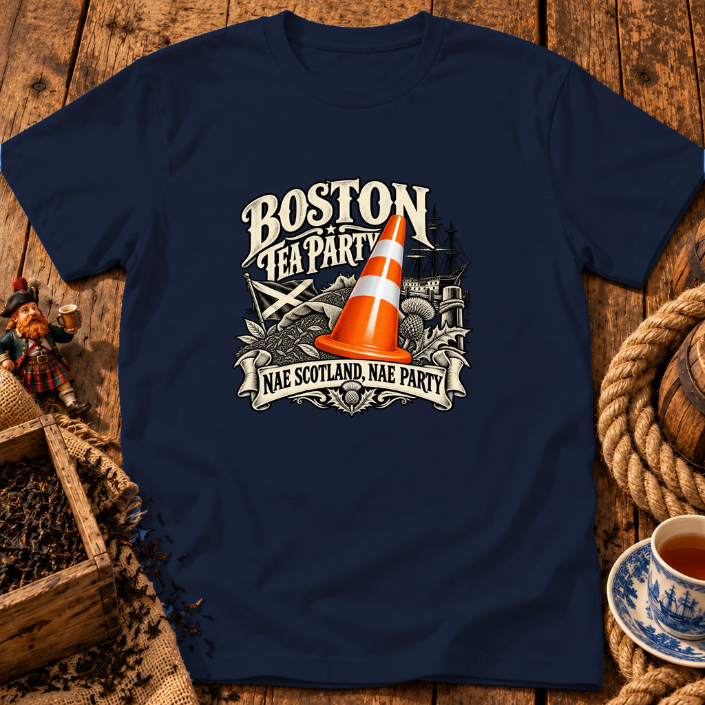 Dark blue crewneck t-shirt featuring a graphic with a traffic cone, ship, and text "Boston Tea Party Nae Scotland, Nae Party".