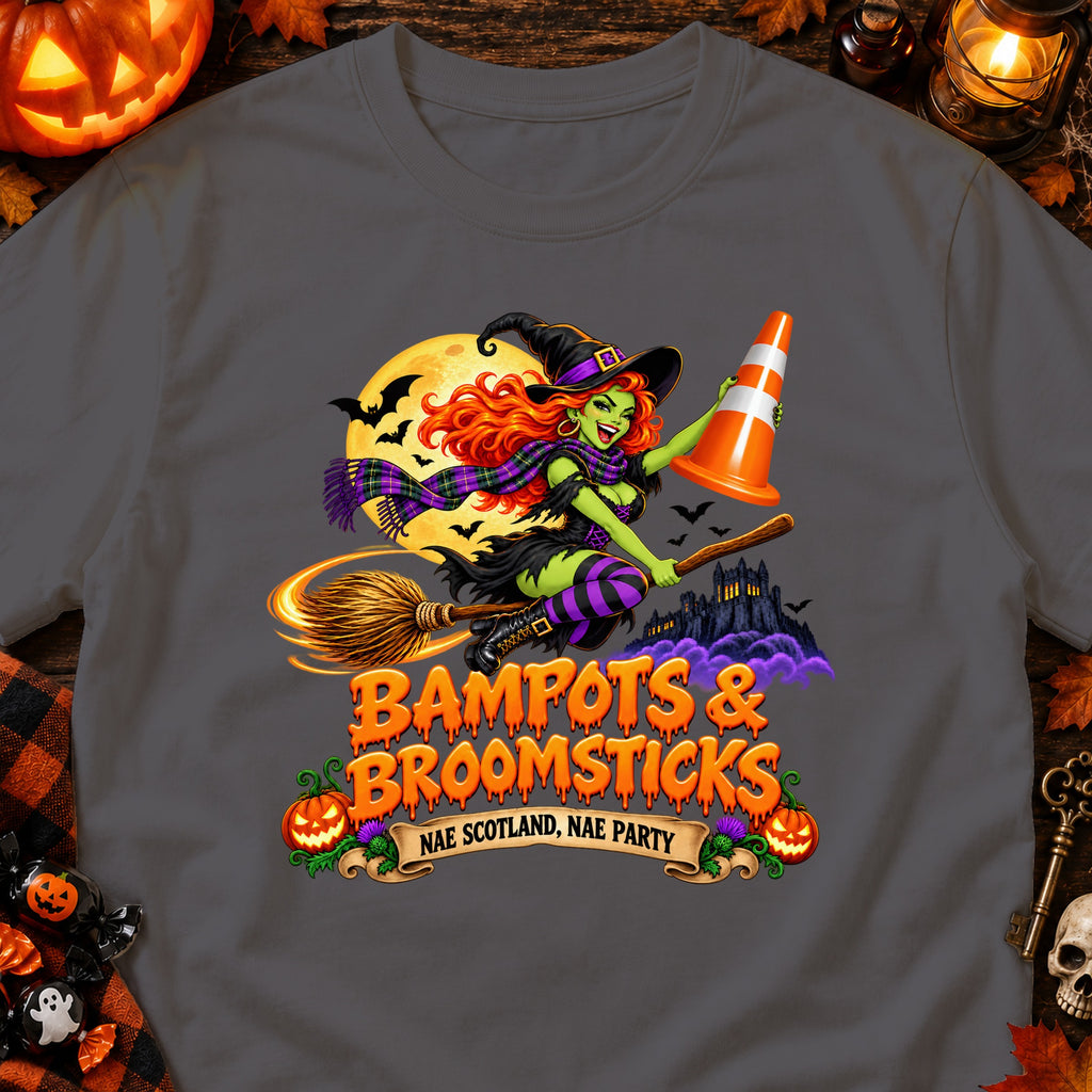Green witch on broomstick with orange cone, text "Bampots & Broomsticks Nae Scotland, Nae Party".