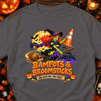 Green witch on broomstick with orange cone, text "Bampots & Broomsticks Nae Scotland, Nae Party".