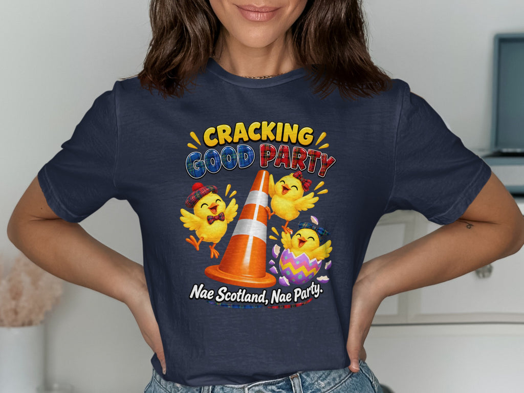 T-shirt with chicks, traffic cone, and text "Cracking Good Party Nae Scotland, Nae Party."