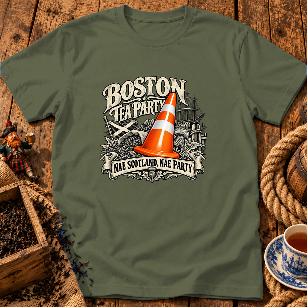 An olive green t-shirt features a graphic with a traffic cone and the text Boston Tea Party Nae Scotland, Nae Party.