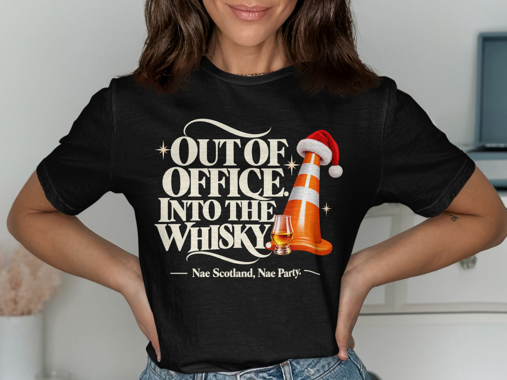 Black t-shirt with "Out of Office Into the Whisky" and a traffic cone with Santa hat.