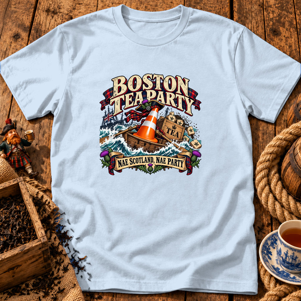 Light blue t-shirt featuring a Boston Tea Party graphic with a traffic cone and Scottish imagery.