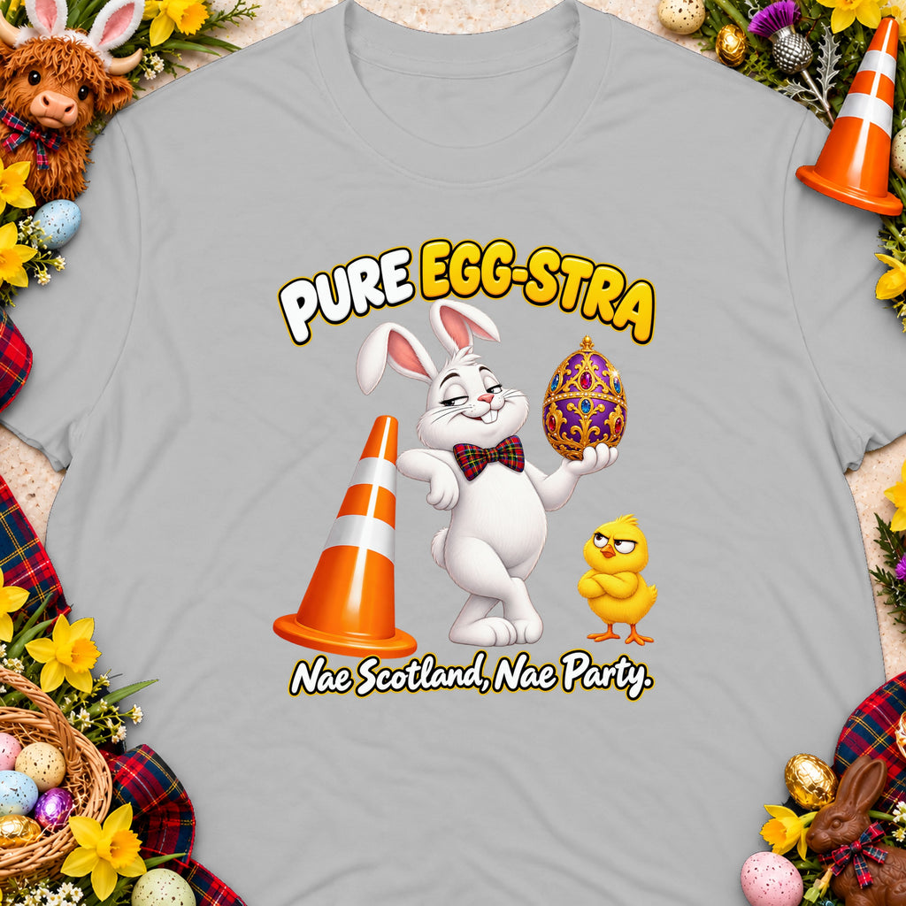 Easter shirt with cartoon rabbit, chick, traffic cone, and text "Pure Egg-stra".