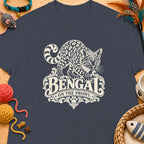 Dark grey t-shirt with a cream Bengal cat "On the Prowl" graphic.
