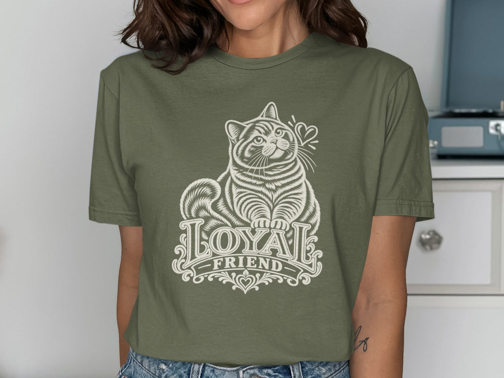 T-shirt with a white outline drawing of a cat and the words "LOYAL FRIEND".