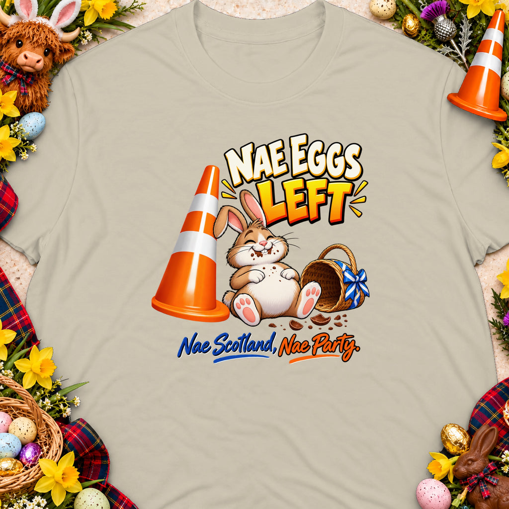 T-shirt graphic with cartoon rabbit, traffic cone, and text "NAE EGGS LEFT".