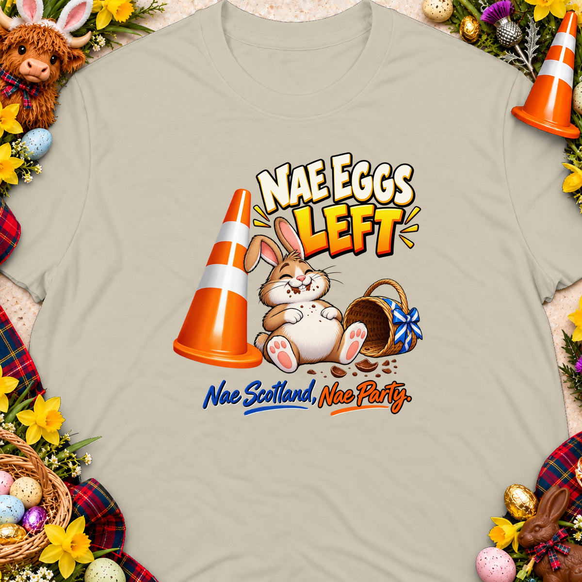 T-shirt graphic with cartoon rabbit, traffic cone, and text "NAE EGGS LEFT".