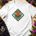 White crewneck t-shirt featuring a diamond-shaped Scottish thistle design with the text Nae Scotland Nae Party.