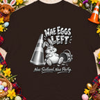 Bunny with traffic cone, basket, and text "Nae Eggs Left. Nae Scotland, Nae Party."
