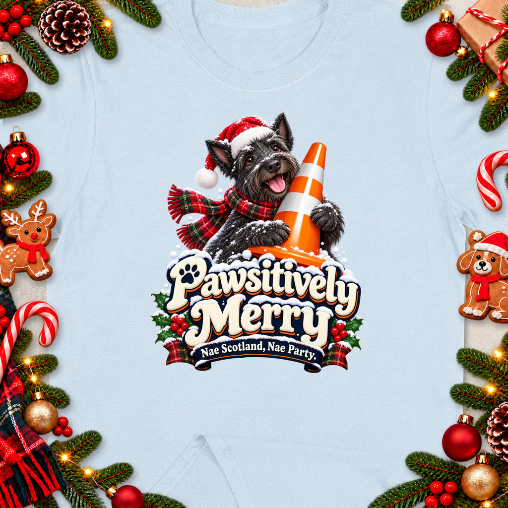 Scottish Terrier in Santa hat and scarf holding traffic cone with "Pawsitively Merry" text.