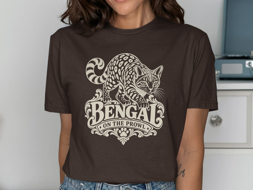 Brown t-shirt with cream graphic of a Bengal cat and text "Bengal On The Prowl".