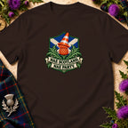 Brown t-shirt featuring a crest with a Scottish thistle wearing a traffic cone, surrounded by thistles.