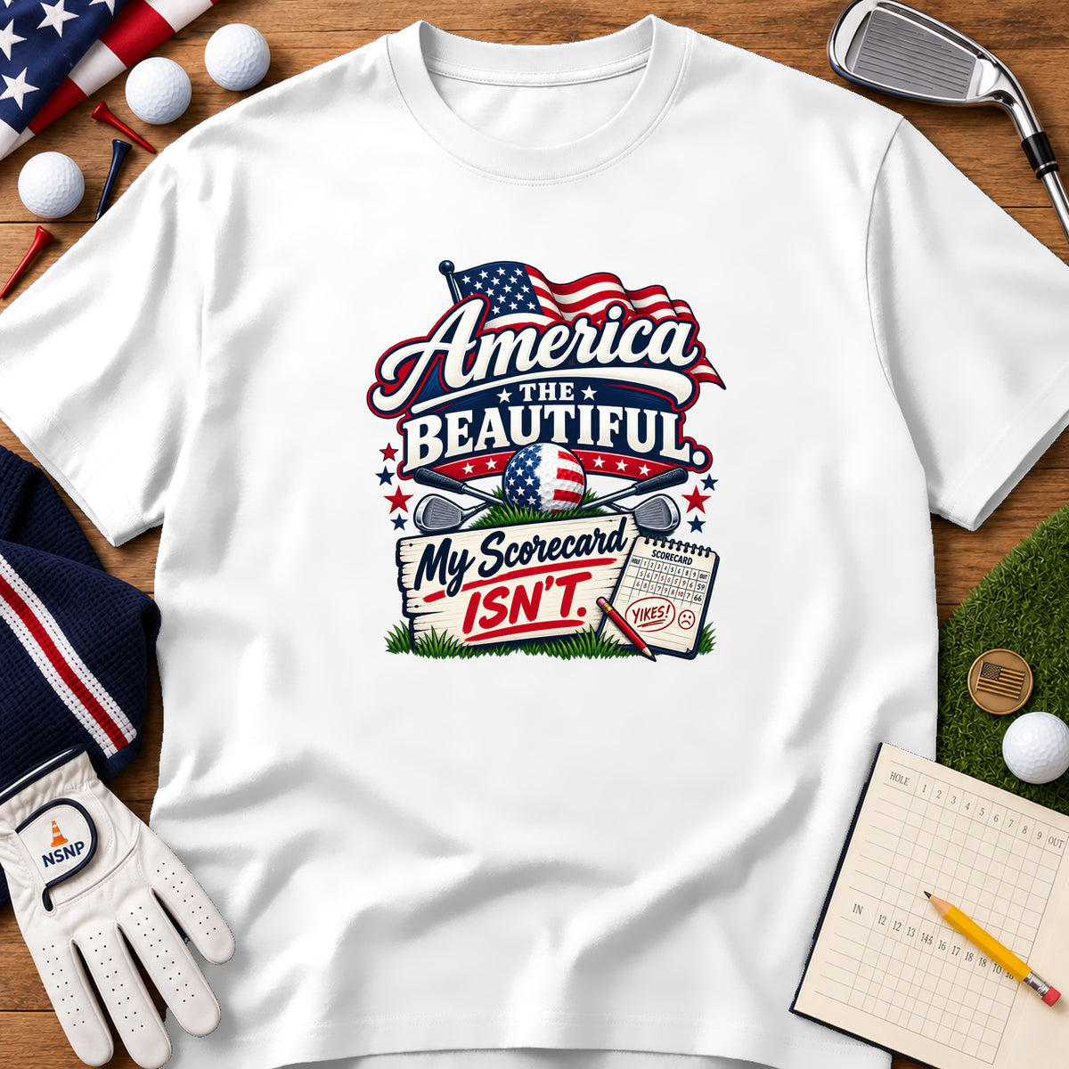White t-shirt with patriotic golf graphic featuring an American flag, crossed golf clubs, and scorecard.