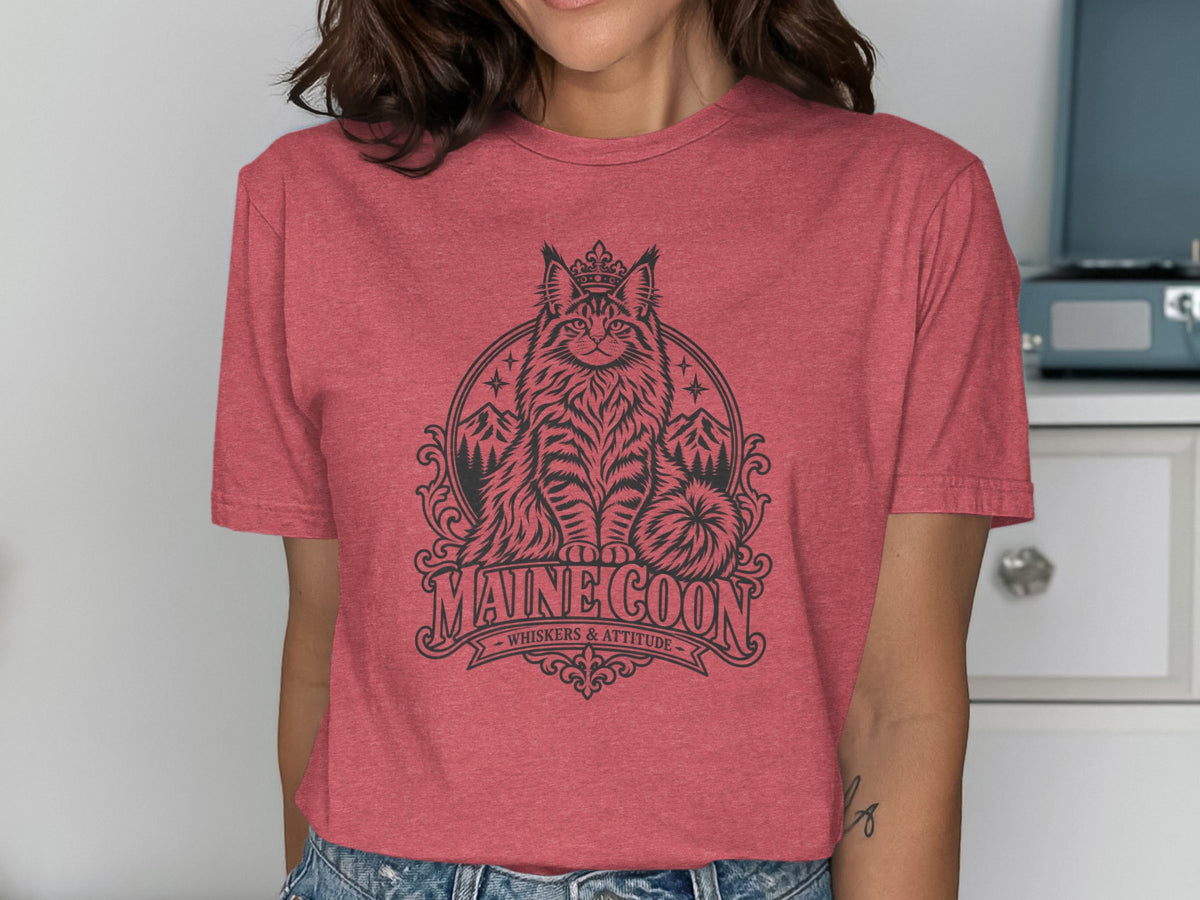 T-shirt with a black line drawing of a Maine Coon cat wearing a crown.