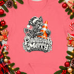 T-shirt featuring a dog in a Santa hat holding a traffic cone with "Pawsitively Merry" text.