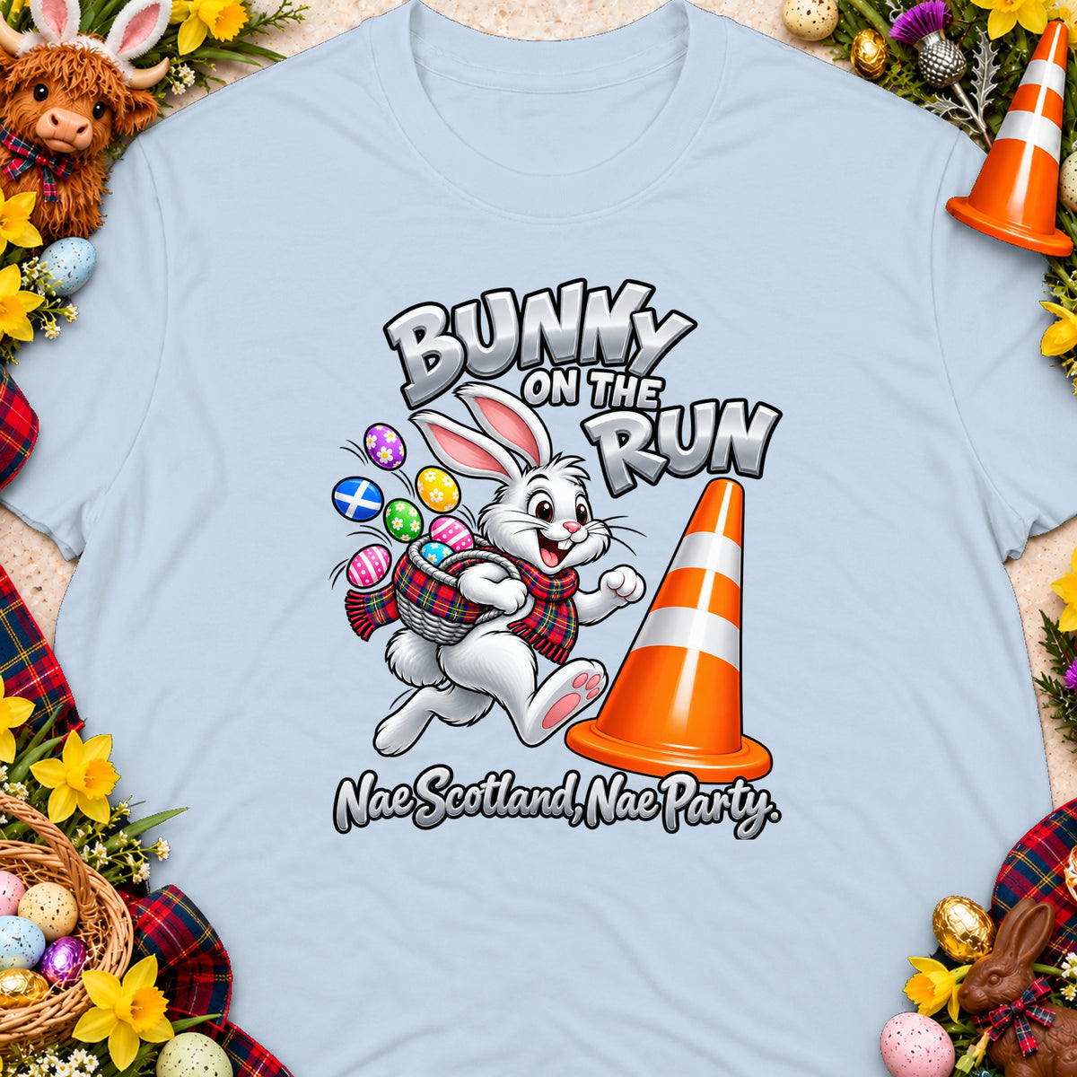 Bunny on the run illustration with Easter eggs, a traffic cone, and text.