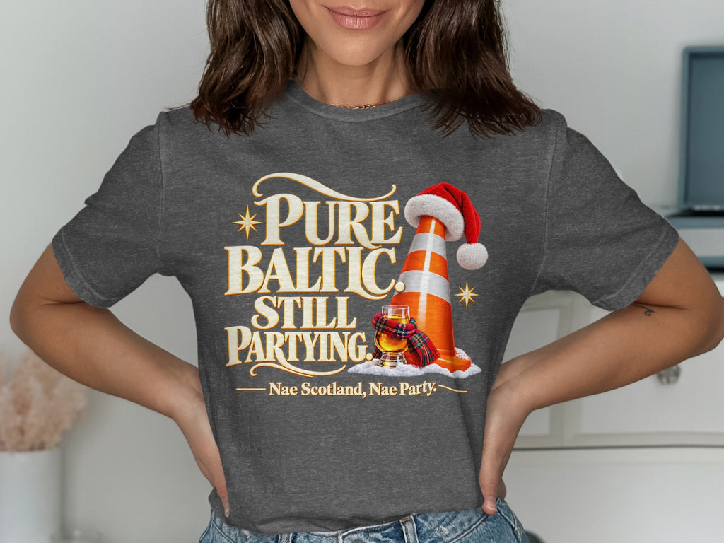 Dark grey t-shirt with "Pure Baltic. Still Partying." and a traffic cone in a Santa hat.