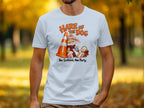 White t-shirt with illustration of a rabbit holding a drink and an Easter basket, with text "Hare of the Dog".