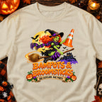 Witch on a broomstick with a traffic cone, text "Bampots & Broomsticks" and "Nae Scotland, Nae Party".