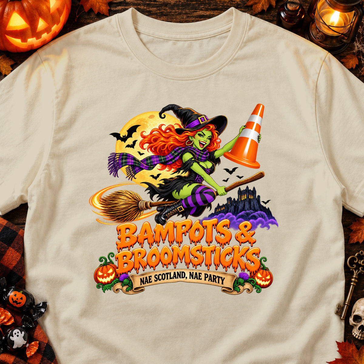 Witch on a broomstick with a traffic cone, text "Bampots & Broomsticks" and "Nae Scotland, Nae Party".