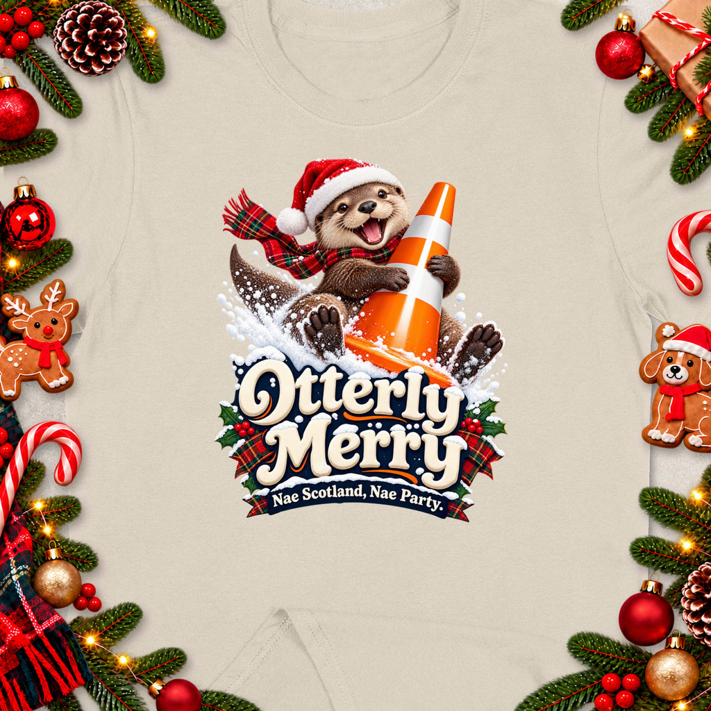 Christmas t-shirt graphic of an otter wearing a Santa hat and scarf holding a traffic cone.