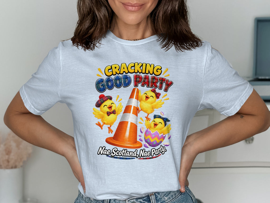 Three cartoon chicks celebrate a "Cracking Good Party" with a traffic cone and Easter egg.