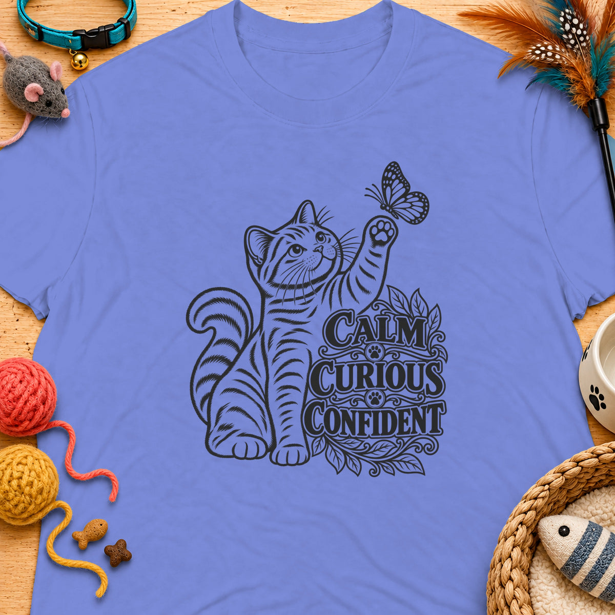 Cat chasing a butterfly with "Calm, Curious, Confident" text.