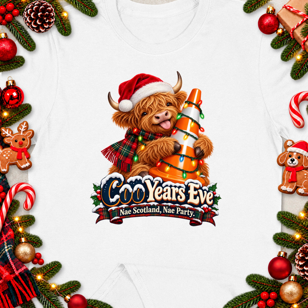 Highland cow in Santa hat holding traffic cone with Christmas lights, "CooYears Eve Nae Scotland, Nae Party."