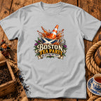 Light gray t-shirt featuring a graphic of a traffic cone splashing into a Scottish teacup with text reading Boston Tea Party, Nae Scotland, Nae Party.