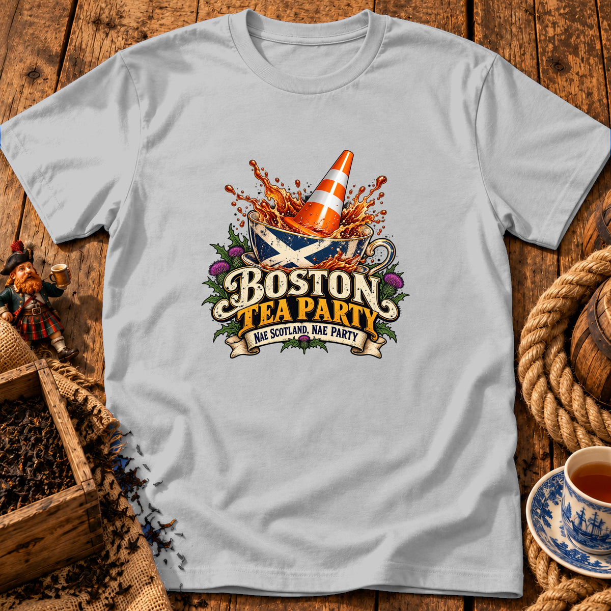 Light gray t-shirt featuring a graphic of a traffic cone splashing into a Scottish teacup with text reading Boston Tea Party, Nae Scotland, Nae Party.