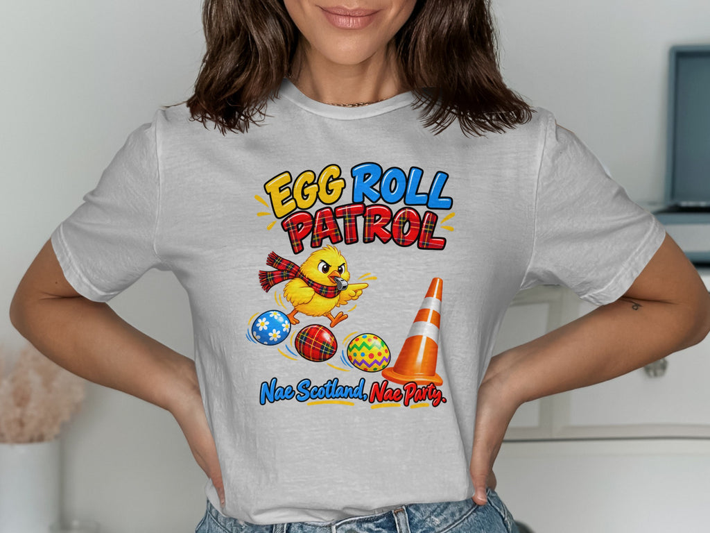 T-shirt graphic: "Egg Roll Patrol" with a chick, Easter eggs, and traffic cone.