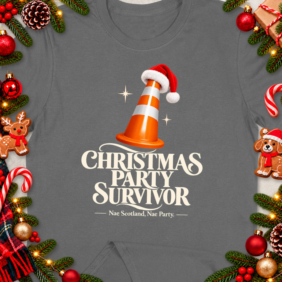 Christmas Party Survivor text on a grey t-shirt with a cone wearing a Santa hat.