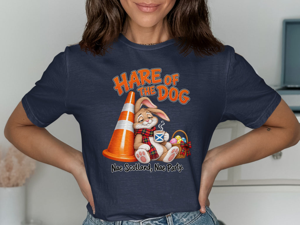 T-shirt graphic with text "Hare of the Dog" and a rabbit with coffee and Easter basket.