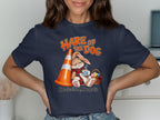 T-shirt graphic with text "Hare of the Dog" and a rabbit with coffee and Easter basket.