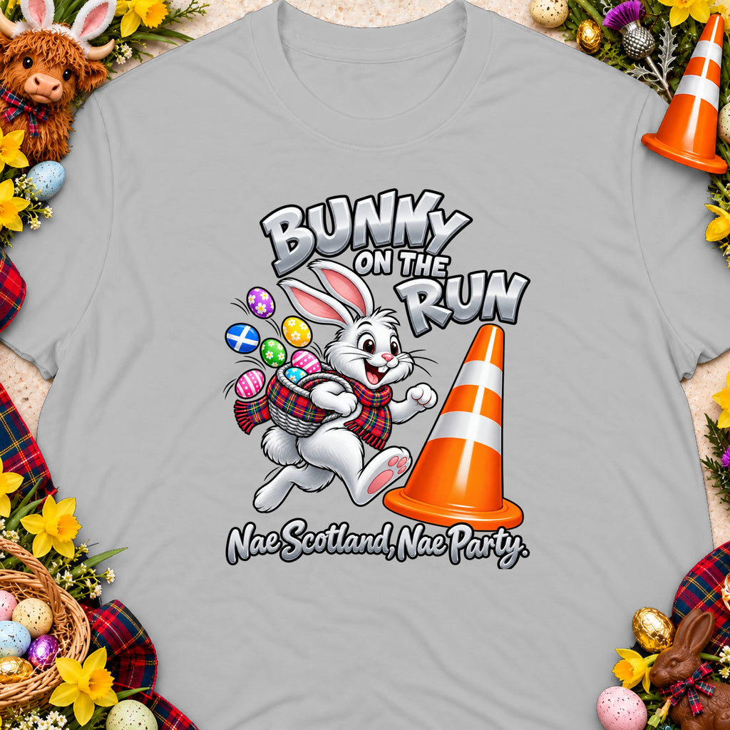 Bunny on the Run graphic with Easter eggs, a traffic cone, and text.