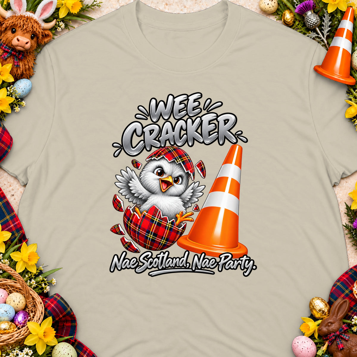 Chick hatching from tartan egg next to traffic cone, text: Wee Cracker, Nae Scotland, Nae Party.
