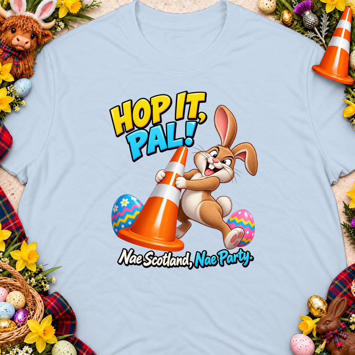 Cartoon rabbit holds orange traffic cone and eggs with text "Hop it, pal!"