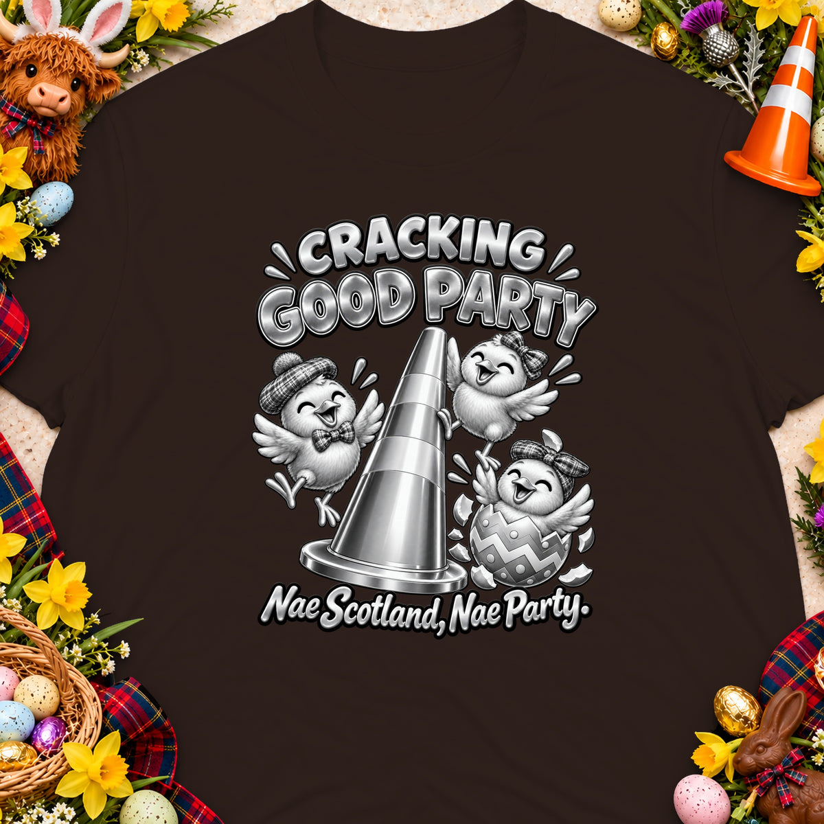 Three chicks celebrate around a traffic cone with text "Cracking Good Party Nae Scotland, Nae Party."