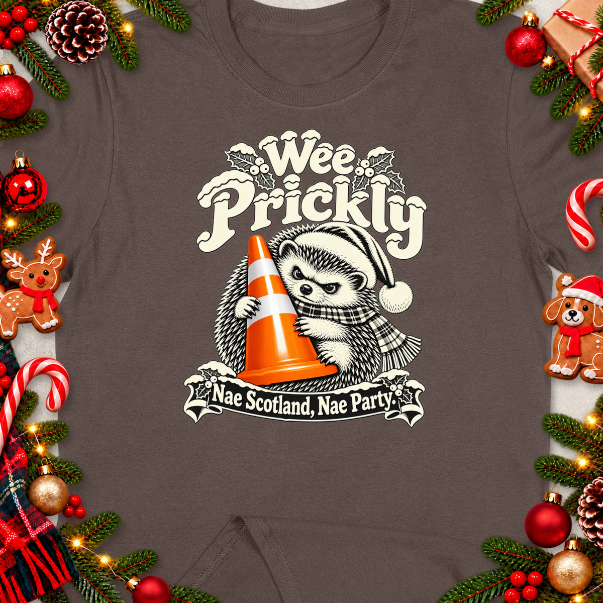 Hedgehog in hat holding traffic cone with text "Wee Prickly Nae Scotland Nae Party"