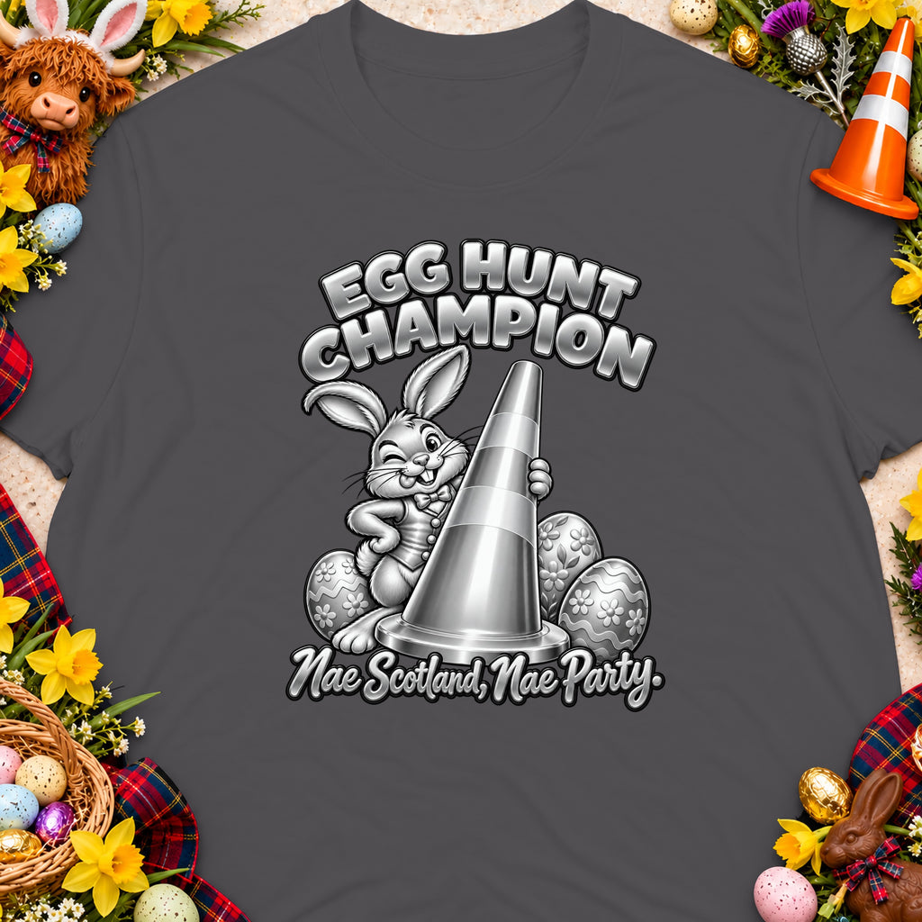 Easter bunny with traffic cone and eggs, text "Egg Hunt Champion Nae Scotland, Nae Party."