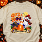 Halloween shirt with ghost, castle, pumpkins, and text "Gie's a Boo! Nae Scotland, Nae Party".