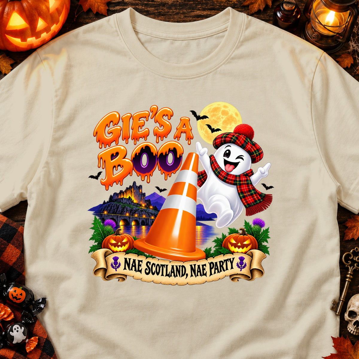 Halloween shirt with ghost, castle, pumpkins, and text "Gie's a Boo! Nae Scotland, Nae Party".