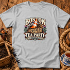 Light gray t-shirt featuring a Boston Tea Party graphic with a traffic cone and Scottish thistles.