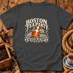 Charcoal gray t-shirt featuring a Boston Tea Party graphic with a traffic cone and Scottish text.