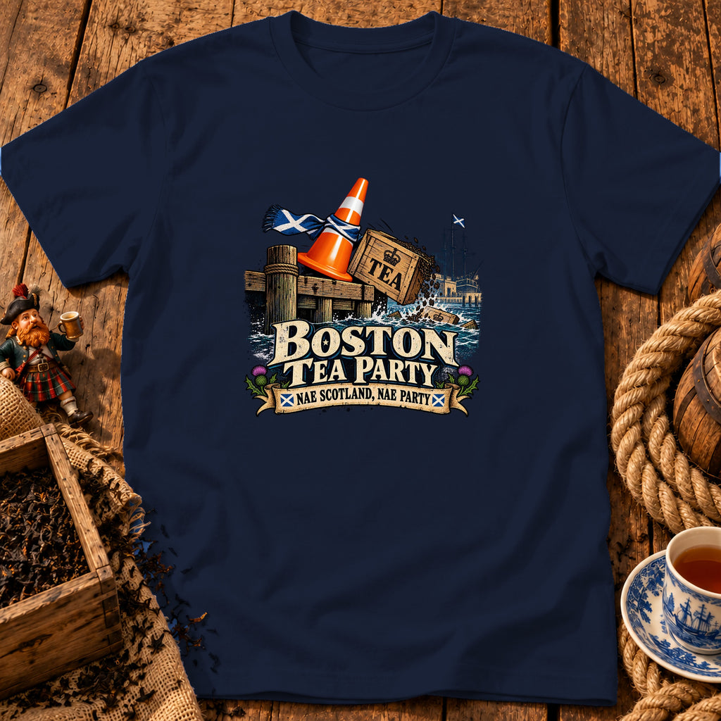 Dark blue t-shirt featuring a graphic with a traffic cone, tea crate, and the text Boston Tea Party Nae Scotland Nae Party.
