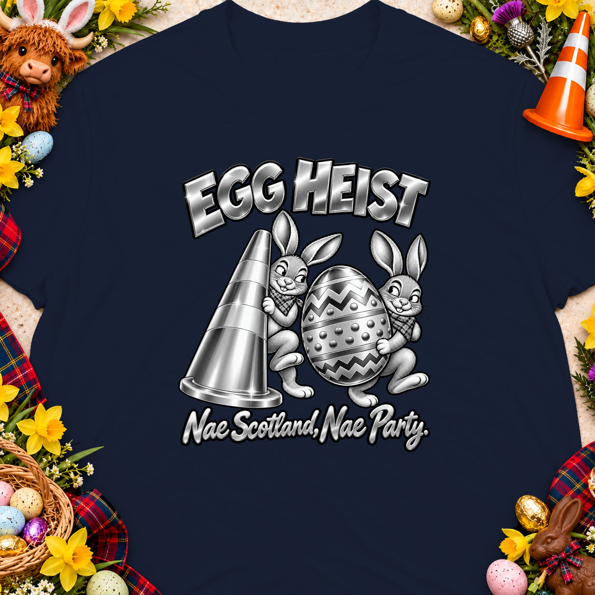 Navy t-shirt with "EGG HEIST Nae Scotland, Nae Party" text and bunnies holding an egg.