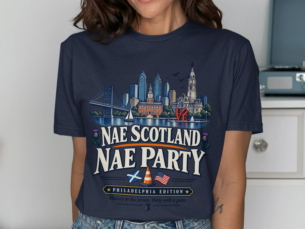 T-shirt with Philadelphia skyline, "Nae Scotland Nae Party" text, Scottish and US flags.