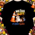 Cartoon rabbit with traffic cone and Easter basket, text "NAE EGGS LEFT".