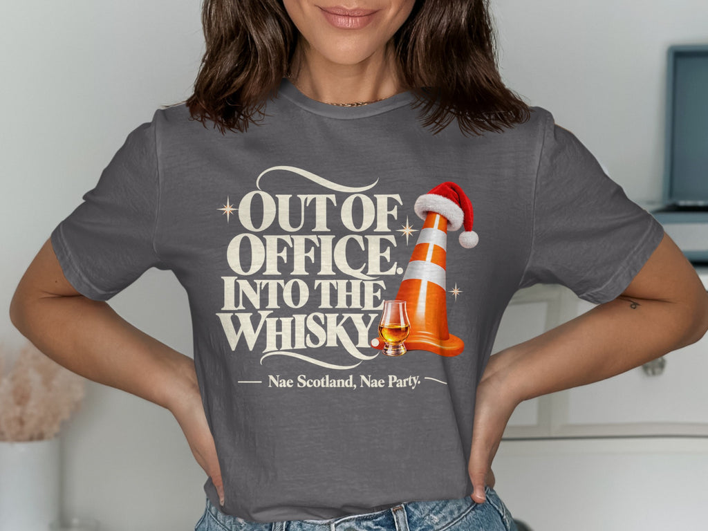 T-shirt graphic with "Out of Office. Into the Whisky." and a traffic cone with Santa hat.